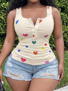 Slaydiva Plus Size Summer Casual Heart Print Tank Top - Apricot - View 7