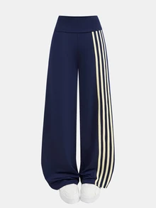 SHEIN 青少年女孩皇家藍側條紋休閒拼色百搭日常長褲 - 寶藍色 - 查看 6