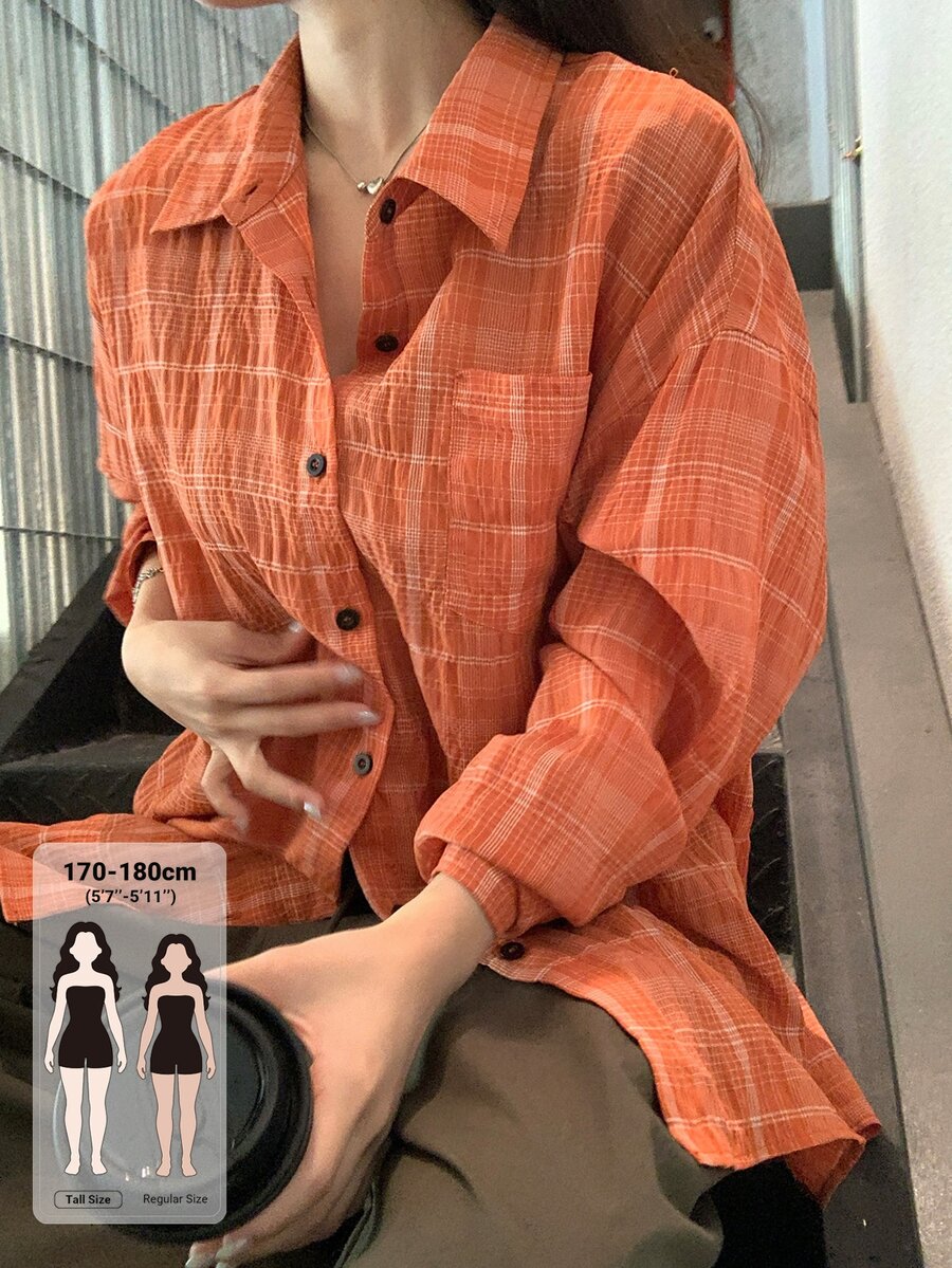 Dazy Tall Áo sơ mi nữ dáng rộng họa tiết kẻ caro phong cách retro thường ngày cho mùa thu, Lễ Tạ ơn và du lịch, màu cam trắng - trái cam - Xem 1