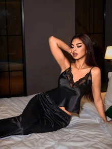 SilkySpell Women's Black Heavy Lace Sexy Camisole & Long Pants Pajama Set - Black - View 4