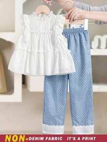 SHEIN Tween Girls 2Pcs Set White Summer Outfit, Lace Trim Top & Light Blue Polka Dots Wide‑Leg Pants For Vacation Holiday NOT DENIM FABRIC IT'S A PRINT - White - View 5
