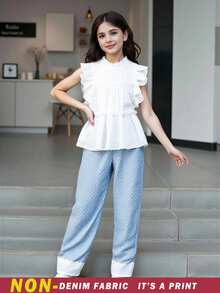 SHEIN Tween Girls 2Pcs Set White Summer Outfit, Lace Trim Top & Light Blue Polka Dots Wide‑Leg Pants For Vacation Holiday NOT DENIM FABRIC IT'S A PRINT - White - View 4