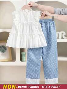 SHEIN Tween Girls 2Pcs Set White Summer Outfit, Lace Trim Top & Light Blue Polka Dots Wide‑Leg Pants For Vacation Holiday NOT DENIM FABRIC IT'S A PRINT - White - View 3