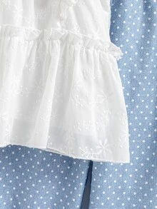 SHEIN Tween Girls 2Pcs Set White Summer Outfit, Lace Trim Top & Light Blue Polka Dots Wide‑Leg Pants For Vacation Holiday NOT DENIM FABRIC IT'S A PRINT - White - View 8