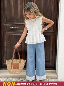 SHEIN Tween Girls 2Pcs Set White Summer Outfit, Lace Trim Top & Light Blue Polka Dots Wide‑Leg Pants For Vacation Holiday NOT DENIM FABRIC IT'S A PRINT - White - View 2