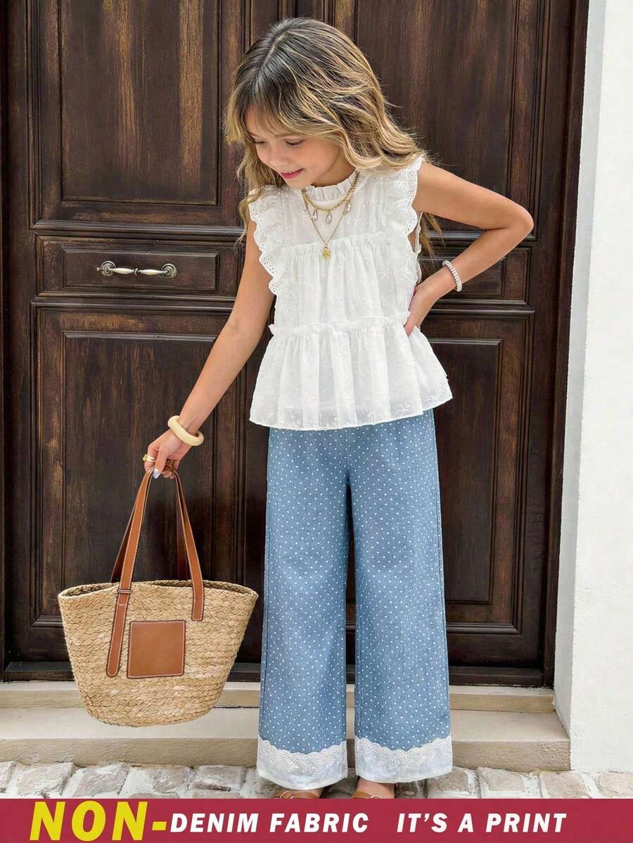 SHEIN Tween Girls 2Pcs Set White Summer Outfit, Lace Trim Top & Light Blue Polka Dots Wide‑Leg Pants For Vacation Holiday NOT DENIM FABRIC IT'S A PRINT