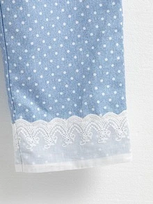 SHEIN Tween Girls 2Pcs Set White Summer Outfit, Lace Trim Top & Light Blue Polka Dots Wide‑Leg Pants For Vacation Holiday NOT DENIM FABRIC IT'S A PRINT - White - View 7
