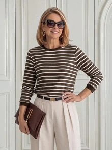 Miaspire Casual Basic Style, Striped Ribbed Pattern, Women Long Sleeve Top, Ribbed Knit Fabric, Brown Beige White, Regular Fit, Office Daily Wear, Fall Winter - Multicolor - View 5
