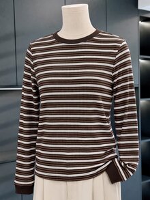 Miaspire Casual Basic Style, Striped Ribbed Pattern, Women Long Sleeve Top, Ribbed Knit Fabric, Brown Beige White, Regular Fit, Office Daily Wear, Fall Winter - Multicolor - View 6