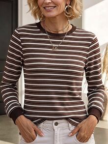 Miaspire Casual Basic Style, Striped Ribbed Pattern, Women Long Sleeve Top, Ribbed Knit Fabric, Brown Beige White, Regular Fit, Office Daily Wear, Fall Winter - Multicolor - View 7