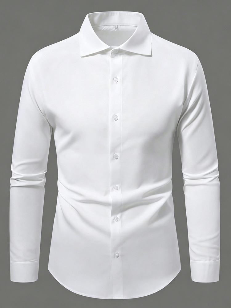 Manfinity Mode Men's Long Sleeve Formal White Dress Shirt,Classic Collar Button Up Business Casual All White,Autumn,Smart Casual,Office Elegant Solid Color Wear - White - View 3