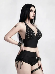 ROMWE Goth Summer Beach Women's Spaghetti Strap Tank Top Bikini - Black - View 4