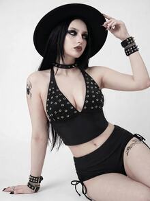 ROMWE Goth Summer Beach Women's Spaghetti Strap Tank Top Bikini - Black - View 7