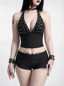 ROMWE Goth Summer Beach Women's Spaghetti Strap Tank Top Bikini - Black - View 6