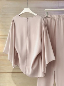 Franclia European Women's Plus Size Asymmetrical Unique Metal Buckle Loose Slimming Top And Stylish Versatile Slimming Wide Leg Pants 2 Pieces Set Fall - Dusty Pink - View 7