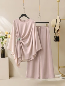 Franclia European Women's Plus Size Asymmetrical Unique Metal Buckle Loose Slimming Top And Stylish Versatile Slimming Wide Leg Pants 2 Pieces Set Fall - Dusty Pink - View 1