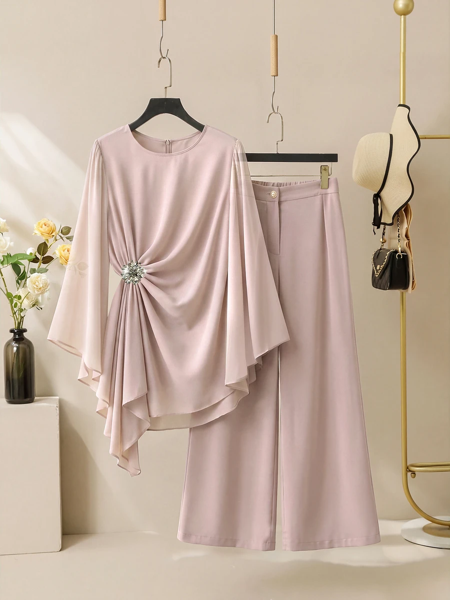 Franclia European Women's Plus Size Asymmetrical Unique Metal Buckle Loose Slimming Top And Stylish Versatile Slimming Wide Leg Pants 2 Pieces Set Fall - Dusty Pink - View 1