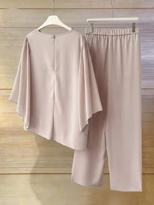 Franclia European Women's Plus Size Asymmetrical Unique Metal Buckle Loose Slimming Top And Stylish Versatile Slimming Wide Leg Pants 2 Pieces Set Fall - Dusty Pink - View 2
