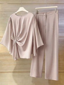 Franclia European Women's Plus Size Asymmetrical Unique Metal Buckle Loose Slimming Top And Stylish Versatile Slimming Wide Leg Pants 2 Pieces Set Fall - Dusty Pink - View 6