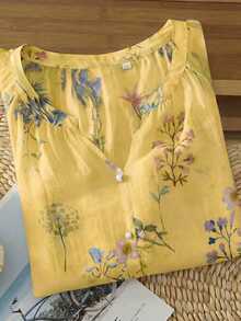 Linhara Vintage V-Neck Lantern Sleeve Loose Casual Plus Size Women Blouse - Yellow - View 5