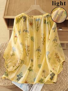 Linhara Vintage V-Neck Lantern Sleeve Loose Casual Plus Size Women Blouse - Yellow - View 2