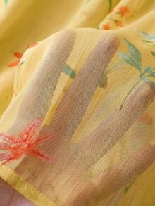 Linhara Vintage V-Neck Lantern Sleeve Loose Casual Plus Size Women Blouse - Yellow - View 6