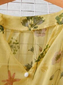 Linhara Vintage V-Neck Lantern Sleeve Loose Casual Plus Size Women Blouse - Yellow - View 3