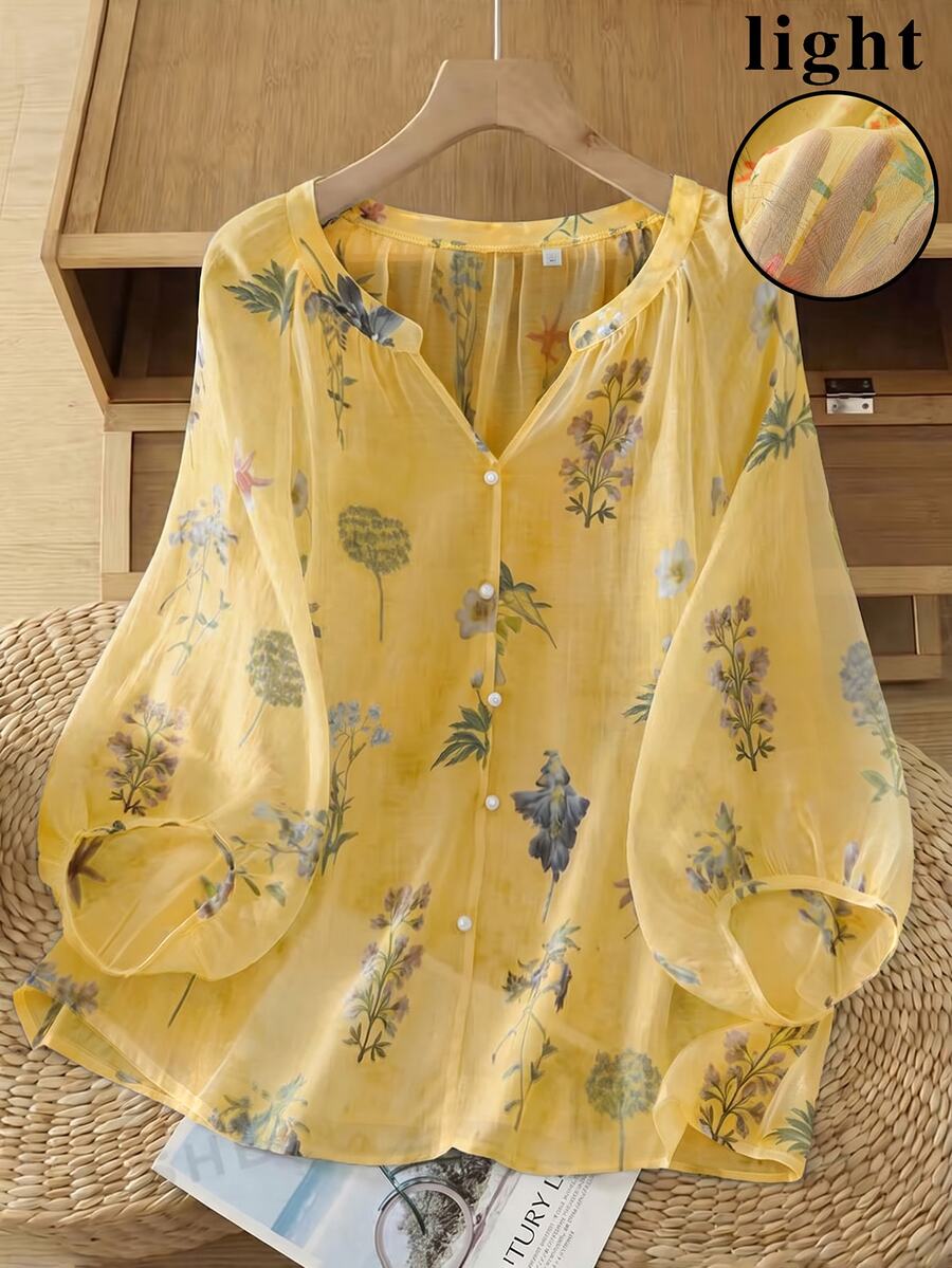 Linhara Vintage V-Neck Lantern Sleeve Loose Casual Plus Size Women Blouse - Yellow - View 1