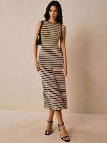 Poéselle Women's Sleeveless Round-Neck Midi Dress – Slim-Fit Knit With Black And Rice-White Color-Block Stripes And Textured Finish - Brown - View 2
