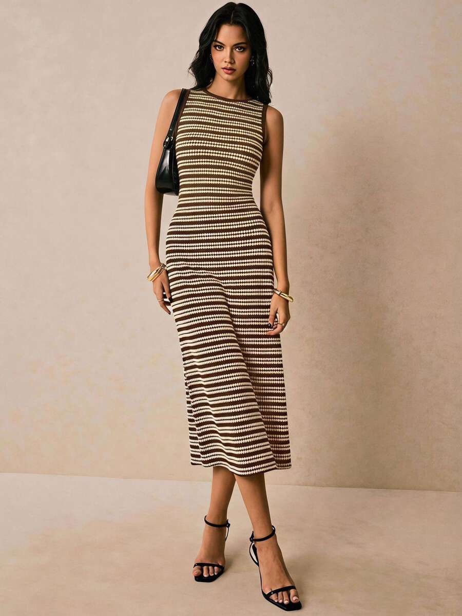 Poéselle Women's Sleeveless Round-Neck Midi Dress – Slim-Fit Knit With Black And Rice-White Color-Block Stripes And Textured Finish
