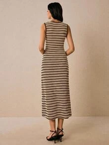 Poéselle Women's Sleeveless Round-Neck Midi Dress – Slim-Fit Knit With Black And Rice-White Color-Block Stripes And Textured Finish - Brown - View 4