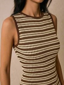 Poéselle Women's Sleeveless Round-Neck Midi Dress – Slim-Fit Knit With Black And Rice-White Color-Block Stripes And Textured Finish - Brown - View 6