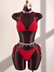 SHEIN Swim 两件套泳衣纯色简约时尚休闲日常 - 紅色 - 查看 1