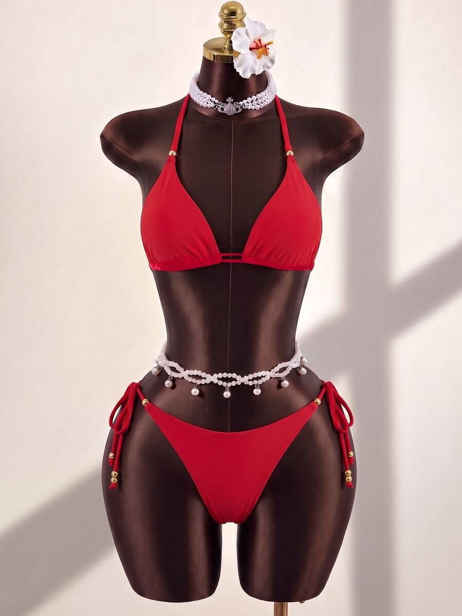 SHEIN Swim 两件套泳衣纯色简约时尚休闲日常 - 紅色 - 查看 1
