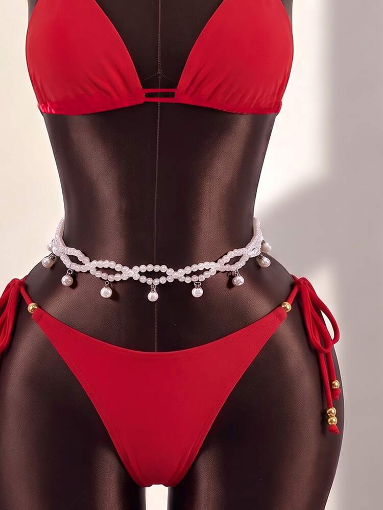 SHEIN Swim ملابس السباحة ذات القطعتين، لون واحد، أسلوب بسيط وعصري، للاستخدام اليومي - الأحمر - مشاهدة 3