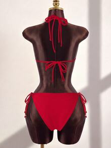 SHEIN Swim 两件套泳衣纯色简约时尚休闲日常 - 紅色 - 查看 2