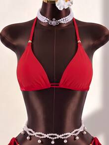 SHEIN Swim 两件套泳衣纯色简约时尚休闲日常 - 紅色 - 查看 4