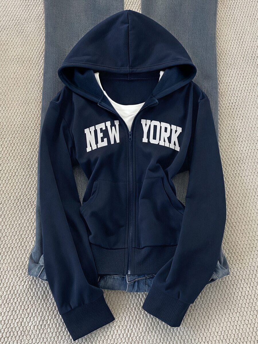 1pc Teen Girls Casual Versatile Regular Loose Korean Style Open Front Sweatshirt Jacket Back To School Autumn Fall - Blue - View 1