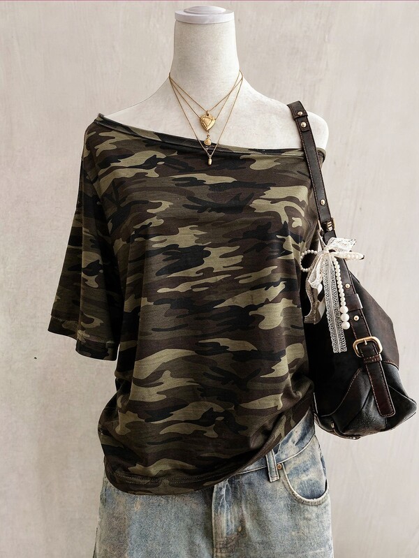 Lalippa Camouflage Pattern Digital Print Fashion Simple Women's Large Scoop Neck Short Sleeve Drop Shoulder T-Shirt Friend's Gift