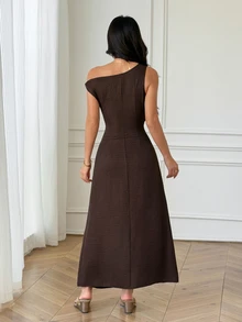 SHEIN PETITE Brown One-Shoulder Maxi Dress For Petite Women – Casual, Stylish, And Suitable For Work. - Brown - View 2