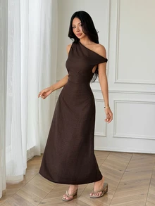 SHEIN PETITE Brown One-Shoulder Maxi Dress For Petite Women – Casual, Stylish, And Suitable For Work. - Brown - View 9