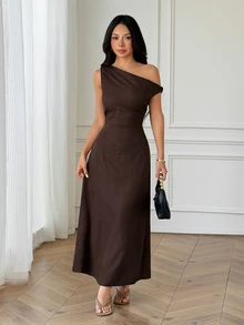SHEIN PETITE Brown One-Shoulder Maxi Dress For Petite Women – Casual, Stylish, And Suitable For Work. - Brown - View 5