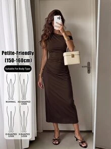 SHEIN PETITE Brown One-Shoulder Maxi Dress For Petite Women – Casual, Stylish, And Suitable For Work. - Brown - View 1
