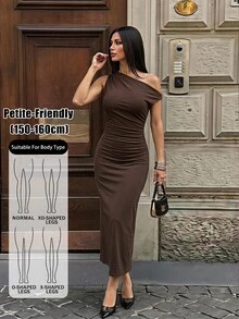 SHEIN PETITE Brown One-Shoulder Maxi Dress For Petite Women – Casual, Stylish, And Suitable For Work. - Brown - View 4