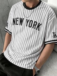 青少年男孩新款休閒簡約Y2K條紋、紐約英文字母、運動風美式復古、撞色短袖T恤，適合夏季 - 黑與白 - 查看 5