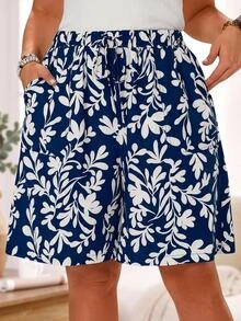 EMERY ROSE Plus Size Women's Texture Navy Blue Elastic Waist Drawstring Pocketed Straight Shorts For Summer Formal Vacation Boho Casual - Navy Blue - View 1