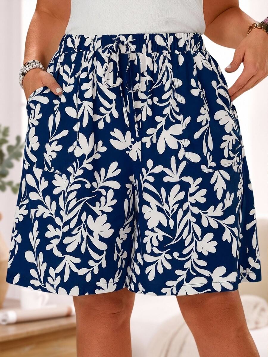 EMERY ROSE Plus Size Women's Texture Navy Blue Elastic Waist Drawstring Pocketed Straight Shorts For Summer Formal Vacation Boho Casual - Navy Blue - View 1