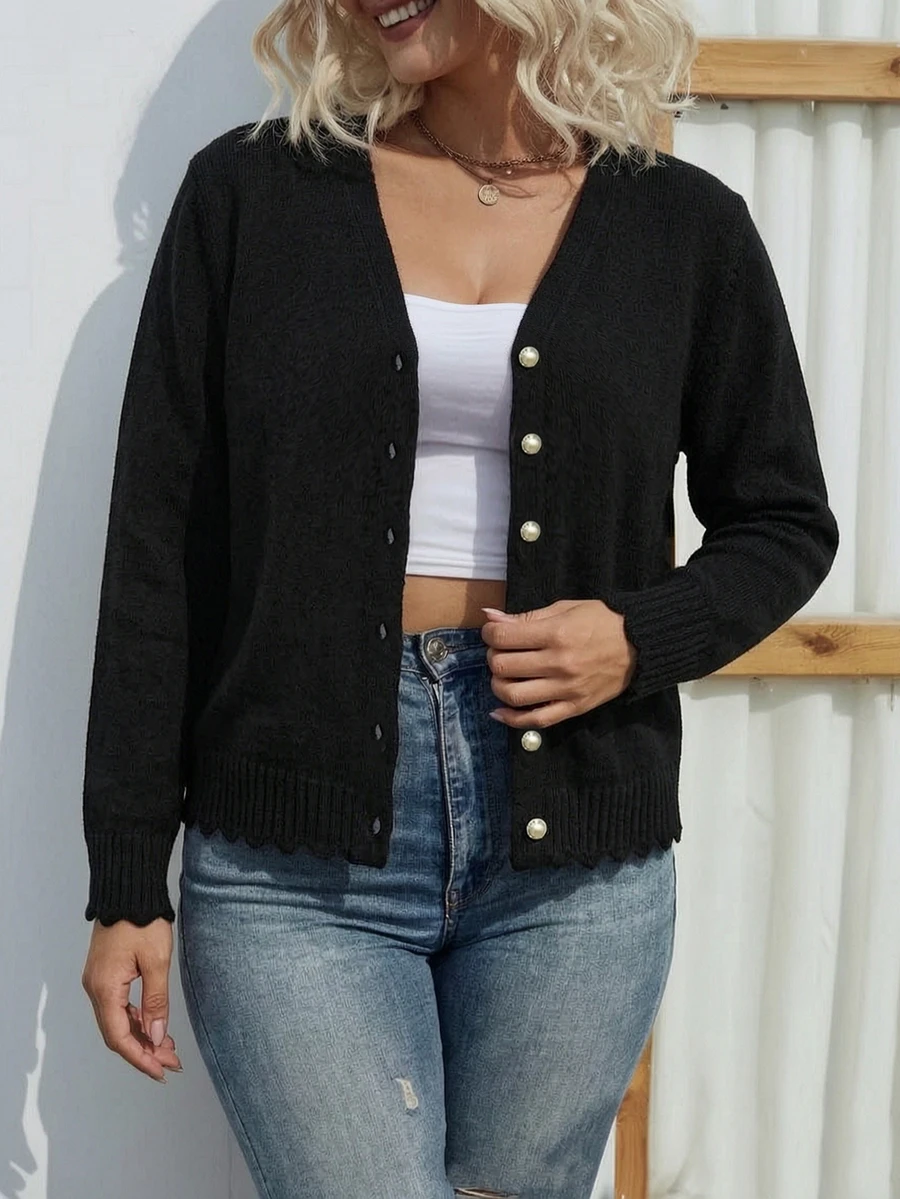 SHEIN LUNE CURVE Plus Solid Button Through Scallop Trim Cardigan Teachers' Day Office Formal Black Autumn Elegant Winter - Black - View 1