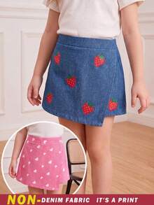 SHEIN Elladie kids 2件組少女活力度假風向日葵愛心臉孔丹寧效果印花不對稱短褲 紫色組合包，適合夏季出遊 - 彩色 - 查看 5