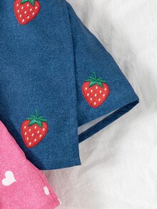 SHEIN Elladie kids 2件組少女活力度假風向日葵愛心臉孔丹寧效果印花不對稱短褲 紫色組合包，適合夏季出遊 - 彩色 - 查看 6